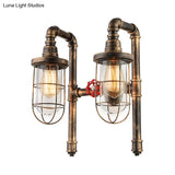 Nautical Wire Frame Sconce Light With Clear Glass Shade And Valve - 2 Bulb Iron Wall Lighting In