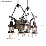 Nautical Wood Board Black Island Lamp - 4-Light Linear Suspension Lighting With Lantern And Hemp