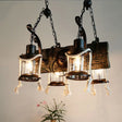 Nautical Wood Board Black Island Lamp - 4-Light Linear Suspension Lighting With Lantern And Hemp