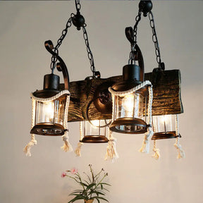 Nautical Wood Board Black Island Lamp - 4-Light Linear Suspension Lighting With Lantern And Hemp