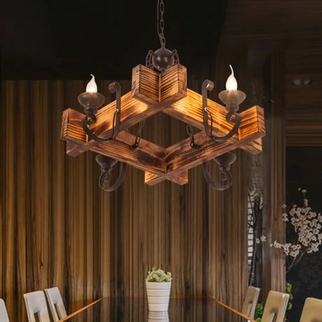 Nautical Wooden Hanging Light Fixture-Chandelier In Brown Triangular/Square Design 3/4/6-Head