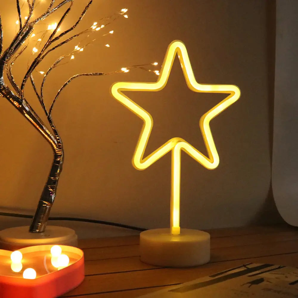 Neon Cartoon Shape Night Light - Plastic Bedroom Led Table Lamp In White / Battery C