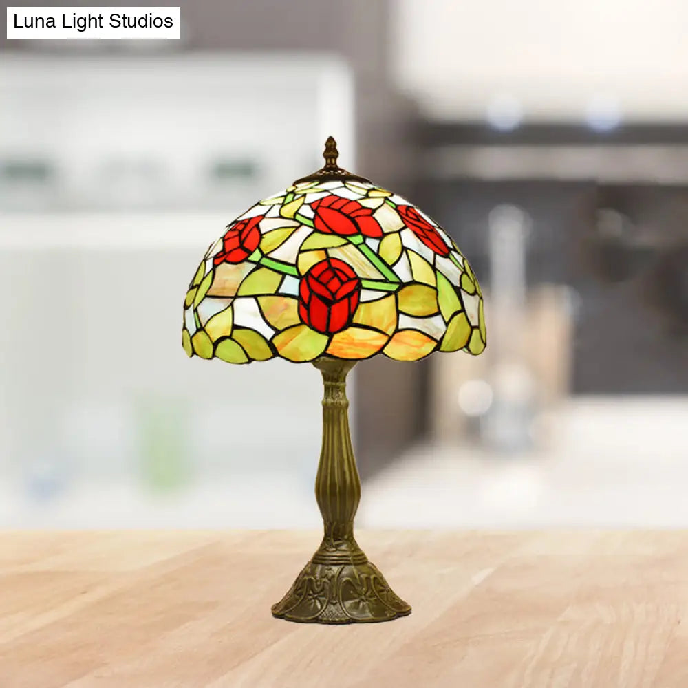 Nolwenn - Rose Night Stand Light Tiffany Red/Orange Art Glass Single Bronze Finish Table Lamp For