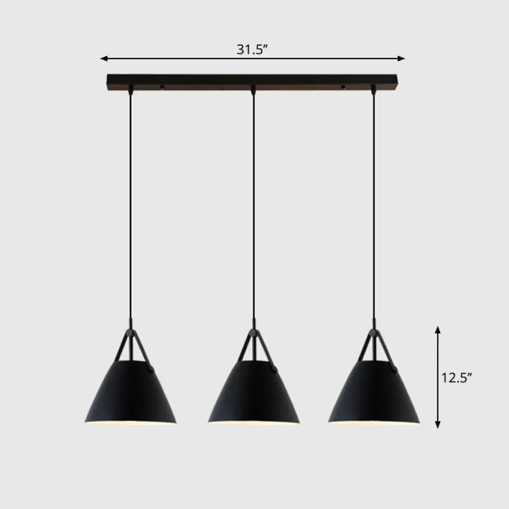 Nordic 3-Light Pendant Cluster With Conical Metal Shade & Leather Strap Black / Linear