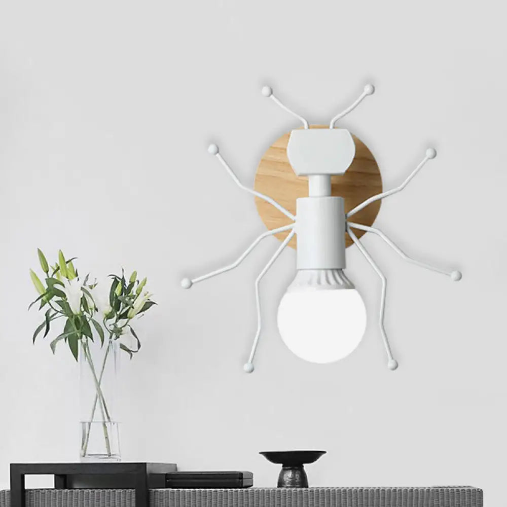 Nordic Ant Metal Sconce With Wood Backplate Wall Light - Grey/White/Green White