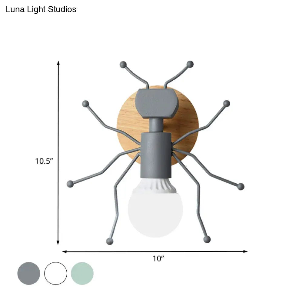 Nordic Ant Metal Sconce With Wood Backplate Wall Light - Grey/White/Green