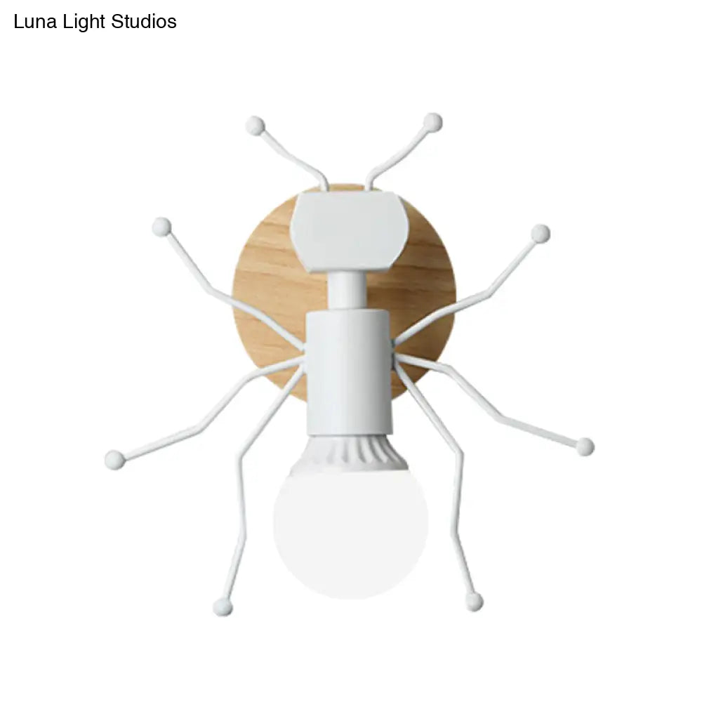 Nordic Ant Metal Sconce With Wood Backplate Wall Light - Grey/White/Green