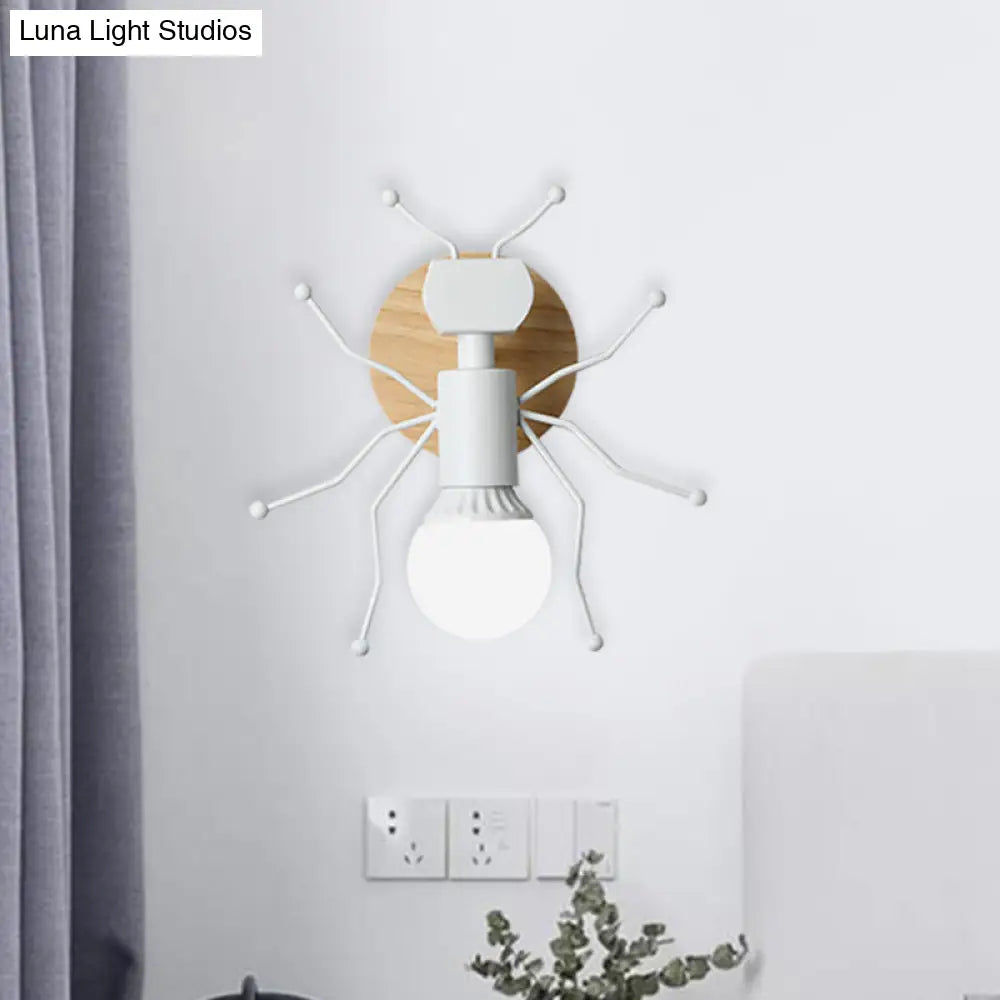 Nordic Ant Metal Sconce With Wood Backplate Wall Light - Grey/White/Green