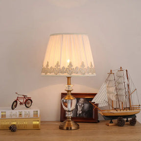 Nordic Beige Bedside Task Lamp With Tapered Fabric Shade - 1 Bulb Nightstand Light