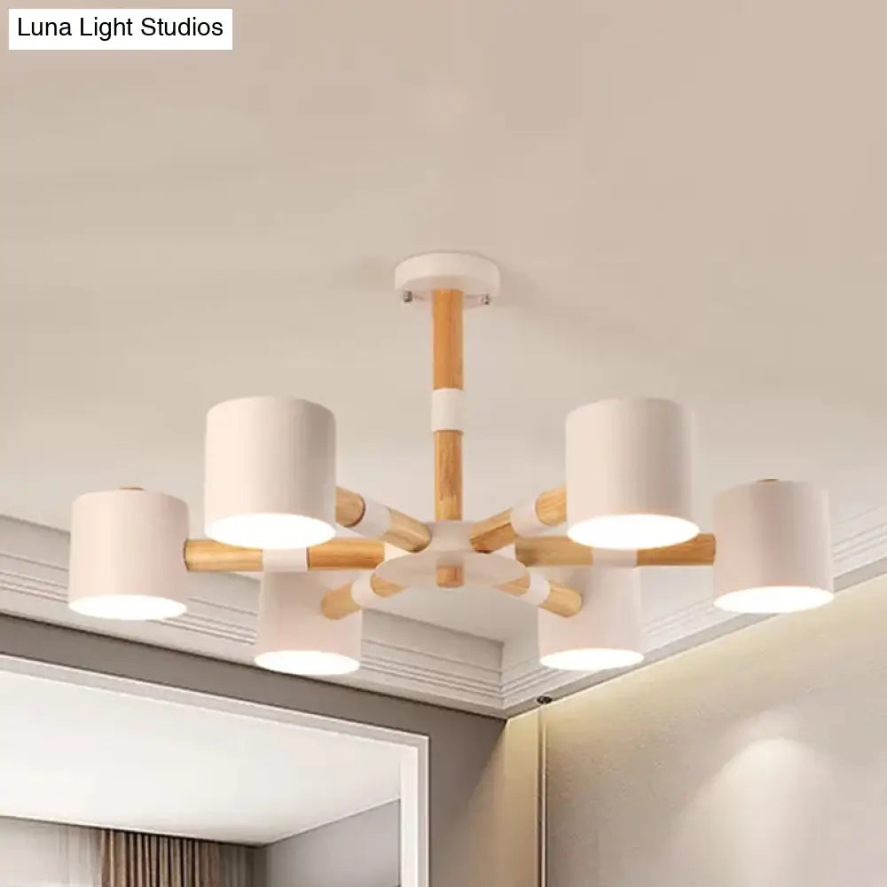 Nordic Chandelier: Metal & Wood Cylinder Shade Hotel Hanging Light With 6 Heads