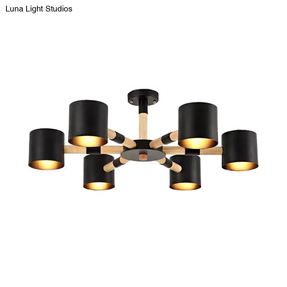Nordic Chandelier: Metal & Wood Cylinder Shade Hotel Hanging Light With 6 Heads
