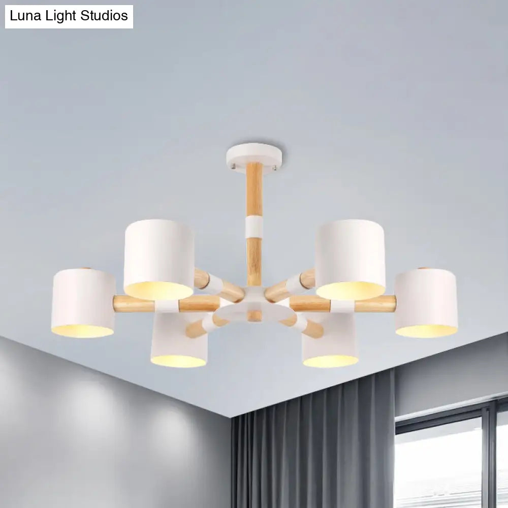 Nordic Chandelier: Metal & Wood Cylinder Shade Hotel Hanging Light With 6 Heads