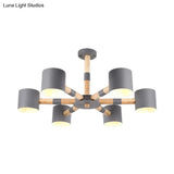 Nordic Chandelier: Metal & Wood Cylinder Shade Hotel Hanging Light With 6 Heads