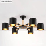 Nordic Chandelier: Metal & Wood Cylinder Shade Hotel Hanging Light With 6 Heads