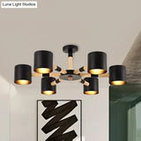 Nordic Chandelier: Metal & Wood Cylinder Shade Hotel Hanging Light With 6 Heads