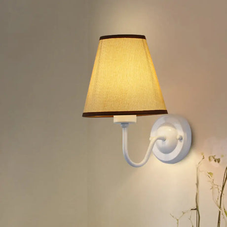 Nordic Cone Wall Lamp - 1-Light Fabric Lighting With Curved Arm In Black/White Black/Brown/Beige