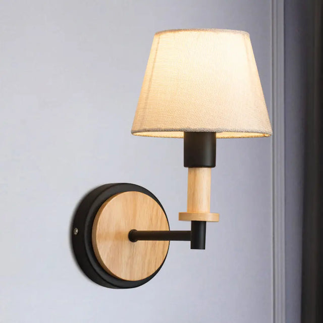 Nordic Conical Fabric Wall Mount Light With Right Angled Arm - 1-Bulb Black/White Lamp White/Beige