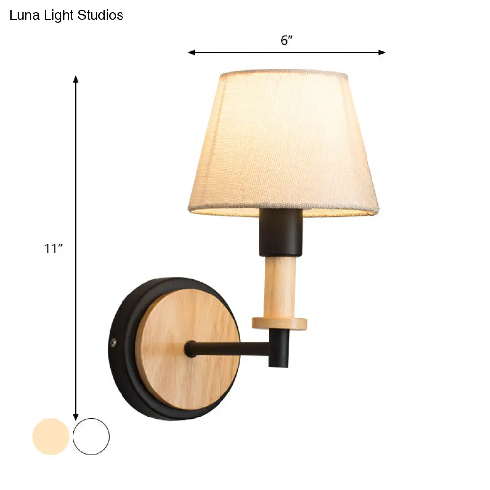 Nordic Conical Fabric Wall Mount Light With Right Angled Arm - 1-Bulb Black/White Lamp White/Beige