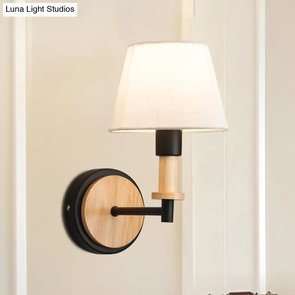 Nordic Conical Fabric Wall Mount Light With Right Angled Arm - 1-Bulb Black/White Lamp White/Beige