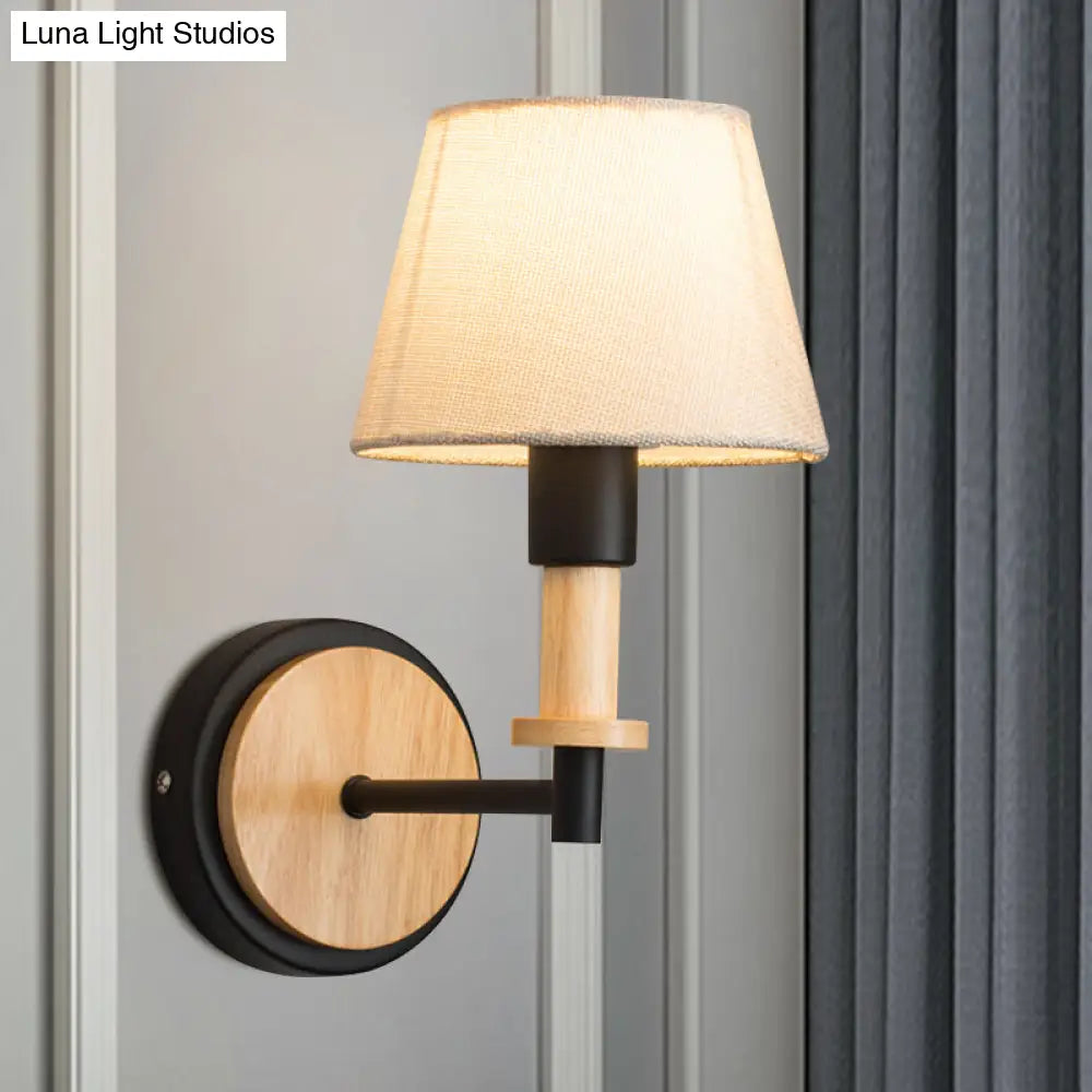 Nordic Conical Fabric Wall Mount Light With Right Angled Arm - 1-Bulb Black/White Lamp White/Beige