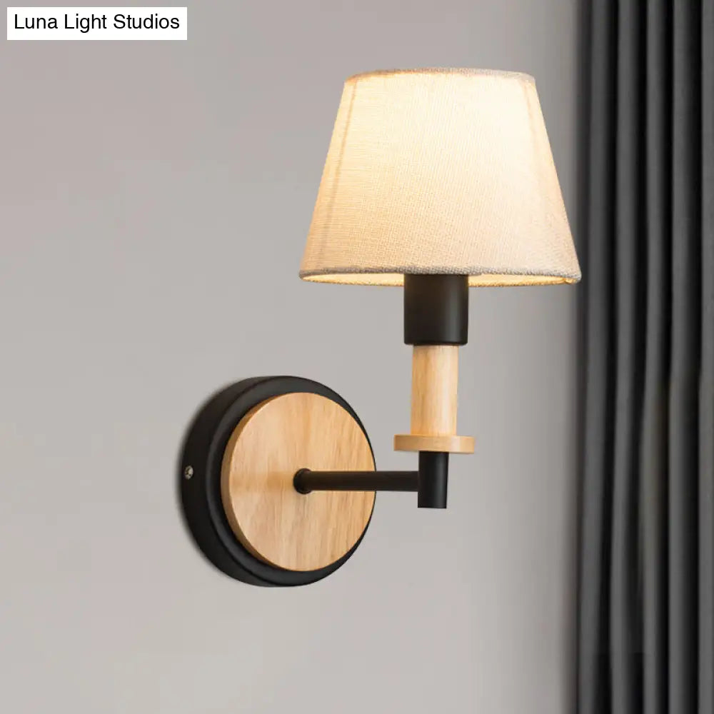 Nordic Conical Fabric Wall Mount Light With Right Angled Arm - 1-Bulb Black/White Lamp White/Beige