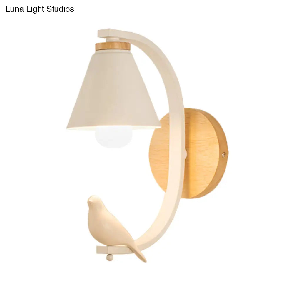 Nordic Conical Wall Light With Bird Design - 1 Head Metal Sconce For Bedroom And Hallway