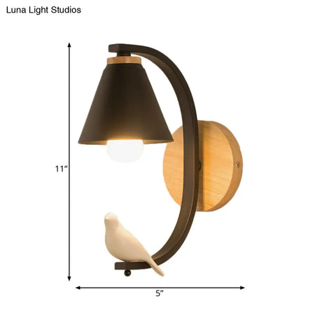 Nordic Conical Wall Light With Bird Design - 1 Head Metal Sconce For Bedroom And Hallway