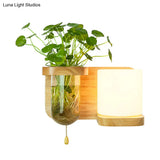 Nordic Cream Glass Wall Sconce With Wood Globe/Cylinder Design - Bedroom Light Plant Pot And Pull
