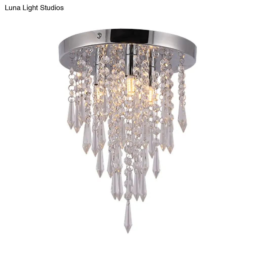 Nordic Crystal Droplet Flush Mount Ceiling Light Fixture In Chrome - 3 Lights