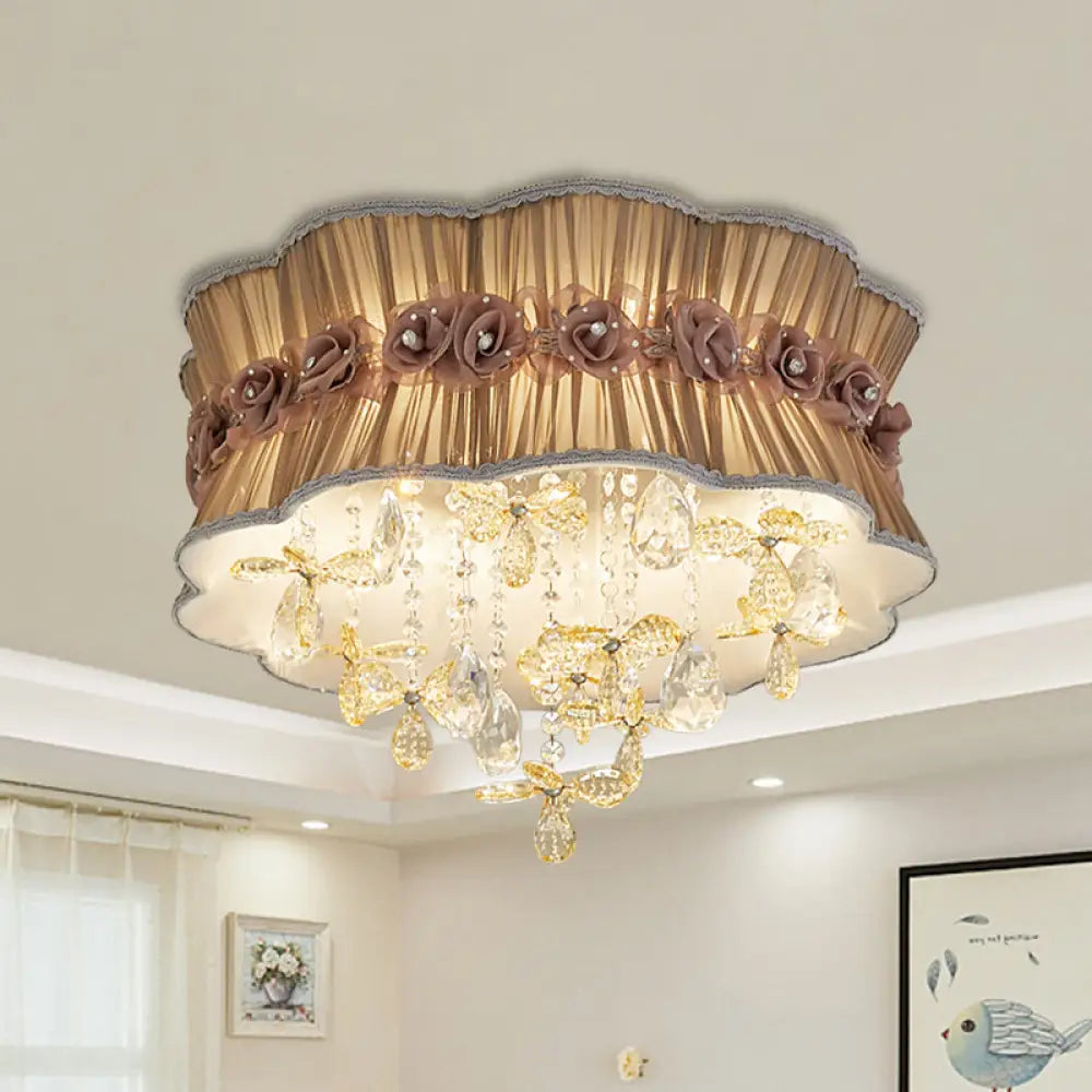 Nordic Crystal Floral Flushmount Light With Sheer Fabric Shade - Coffee/Pink 6-Bulb Close To