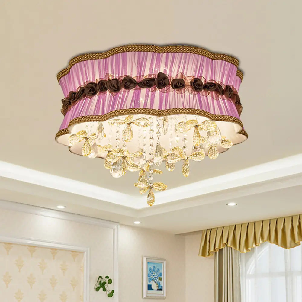 Nordic Crystal Floral Flushmount Light With Sheer Fabric Shade - Coffee/Pink 6-Bulb Close To