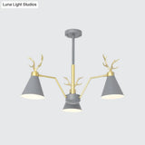 Nordic Deer Horn Cone Hanging Lamp: 3-Light Metal Chandelier For Cafes & Restaurants