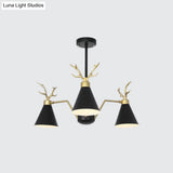 Nordic Deer Horn Cone Hanging Lamp: 3-Light Metal Chandelier For Cafes & Restaurants