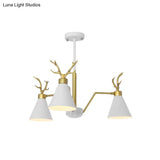Nordic Deer Horn Cone Hanging Lamp: 3-Light Metal Chandelier For Cafes & Restaurants
