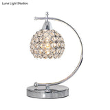 Nordic Domed Crystal Table Lamp - Small Desk Lighting With Arched Arm In Silver