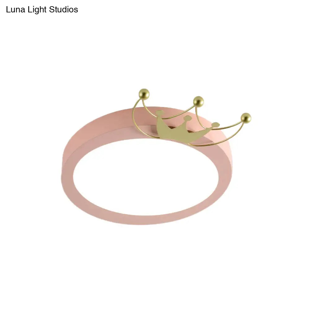 Nordic Drum Flushmount Lighting: Gold Crown Led Flush Light For Kids - Blue/Pink Warm/White