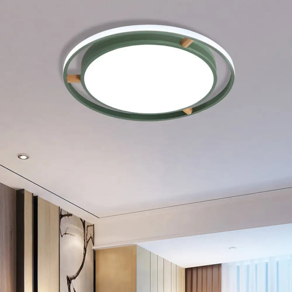 Nordic Dual Circle Led Ceiling Flush Light With Wood Arm - White/Green/Grey Thin Flushmount