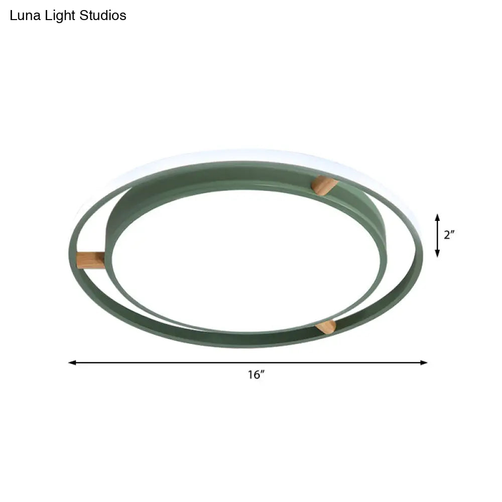 Nordic Dual Circle Led Ceiling Flush Light With Wood Arm - White/Green/Grey Thin Flushmount