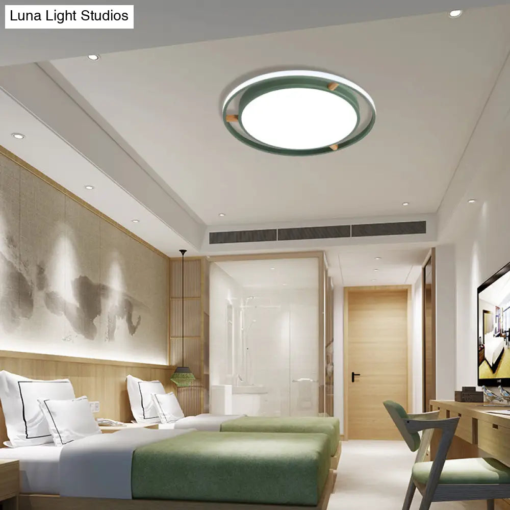 Nordic Dual Circle Led Ceiling Flush Light With Wood Arm - White/Green/Grey Thin Flushmount