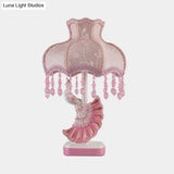 Nordic Fabric Dome Table Lamp - Pink/Blue Reading Book Light With Fringe And Peacock Deco