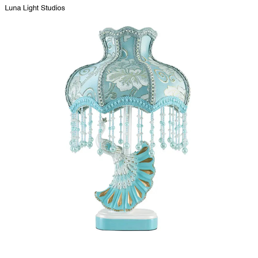 Nordic Fabric Dome Table Lamp - Pink/Blue Reading Book Light With Fringe And Peacock Deco