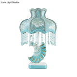 Nordic Fabric Dome Table Lamp - Pink/Blue Reading Book Light With Fringe And Peacock Deco