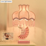 Nordic Fabric Dome Table Lamp - Pink/Blue Reading Book Light With Fringe And Peacock Deco