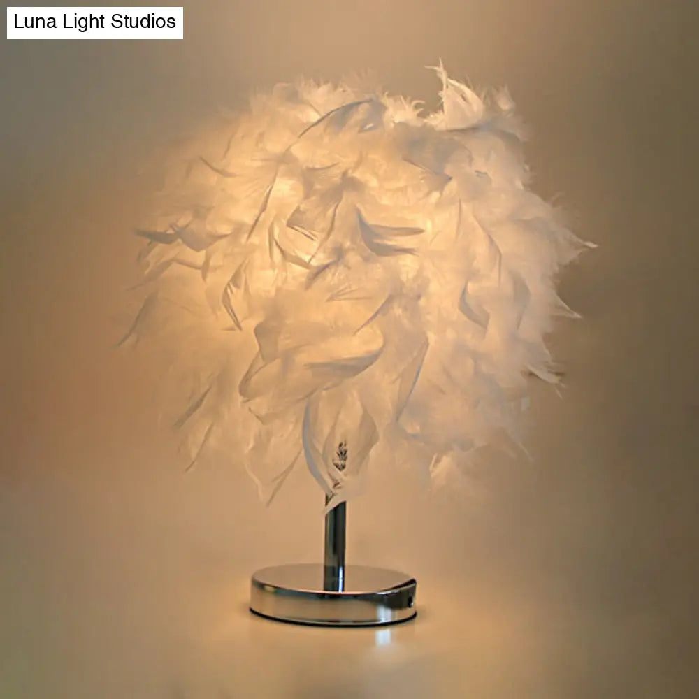 Nordic Feather Cylinder Nightstand Lamp - Elegant 1 Bulb Table Light For Bedroom With White/Chrome