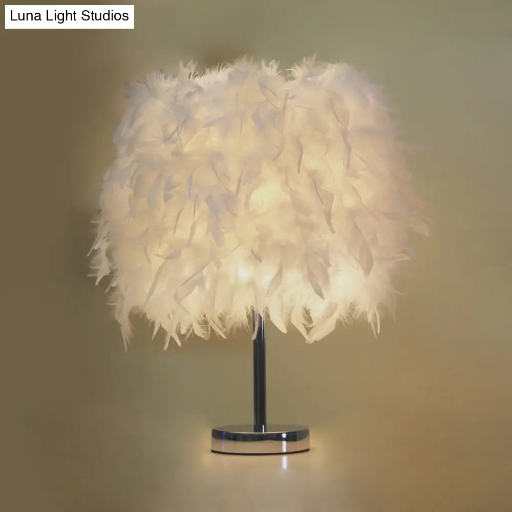 Nordic Feather Cylinder Nightstand Lamp - Elegant 1 Bulb Table Light For Bedroom With White/Chrome