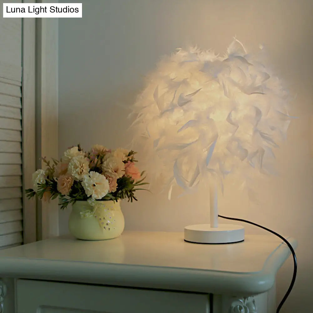 Nordic Feather Cylinder Nightstand Lamp - Elegant 1 Bulb Table Light For Bedroom With White/Chrome