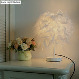 Nordic Feather Cylinder Nightstand Lamp - Elegant 1 Bulb Table Light For Bedroom With White/Chrome