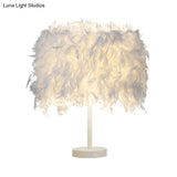 Nordic Feather Cylinder Nightstand Lamp - Elegant 1 Bulb Table Light For Bedroom With White/Chrome