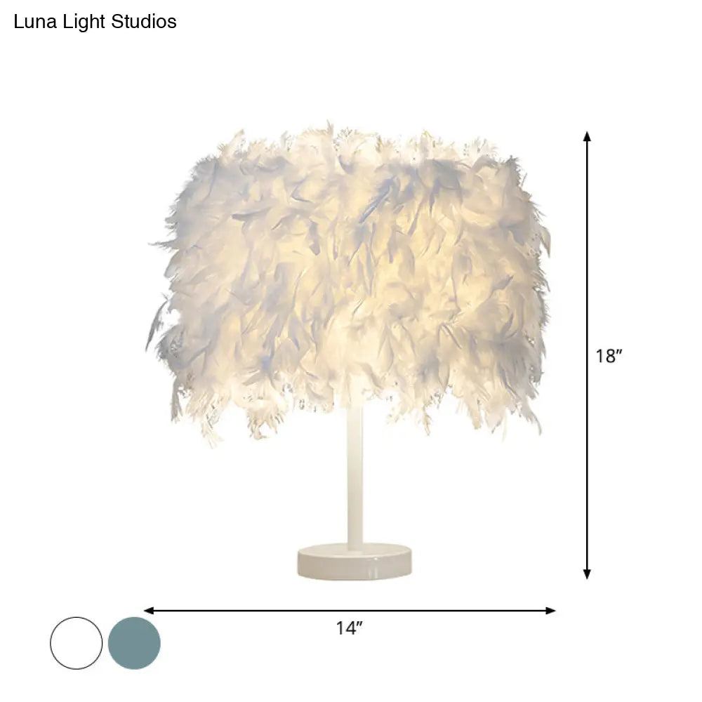 Nordic Feather Cylinder Nightstand Lamp - Elegant 1 Bulb Table Light For Bedroom With White/Chrome