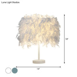 Nordic Feather Cylinder Nightstand Lamp - Elegant 1 Bulb Table Light For Bedroom With White/Chrome